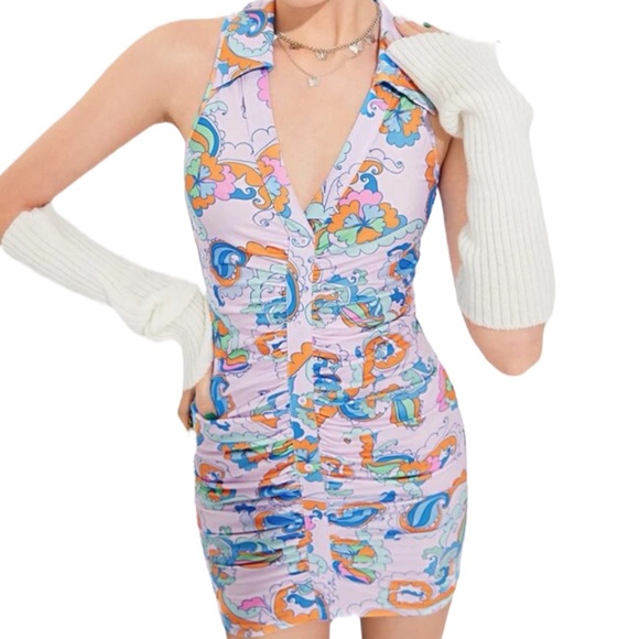 Purple & Orange Multicolor Retro 70s Ruched Button Up Collared Tank Mini Dress - Picture 5 of 5